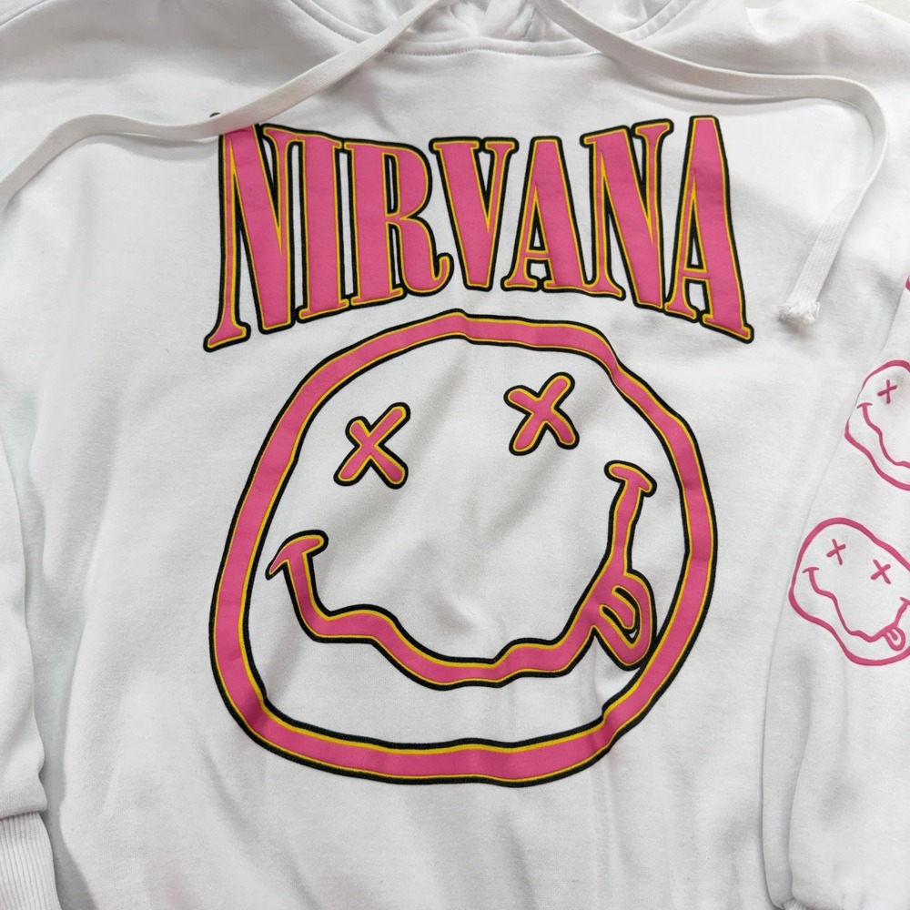 H&M Nirvana Womens Hoodie White Pink Smiley Face Graphic Cotton Blend Fleece L - Picture 5 of 12